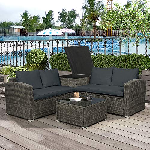 4 Pcs Patio Sofa Set Outdoor Wicker Rattan Furniture Conversation Set with Storage Cabinet and Coffee Table for Garden Backyard Pool (Grey Cushion) - Thumbnail 2