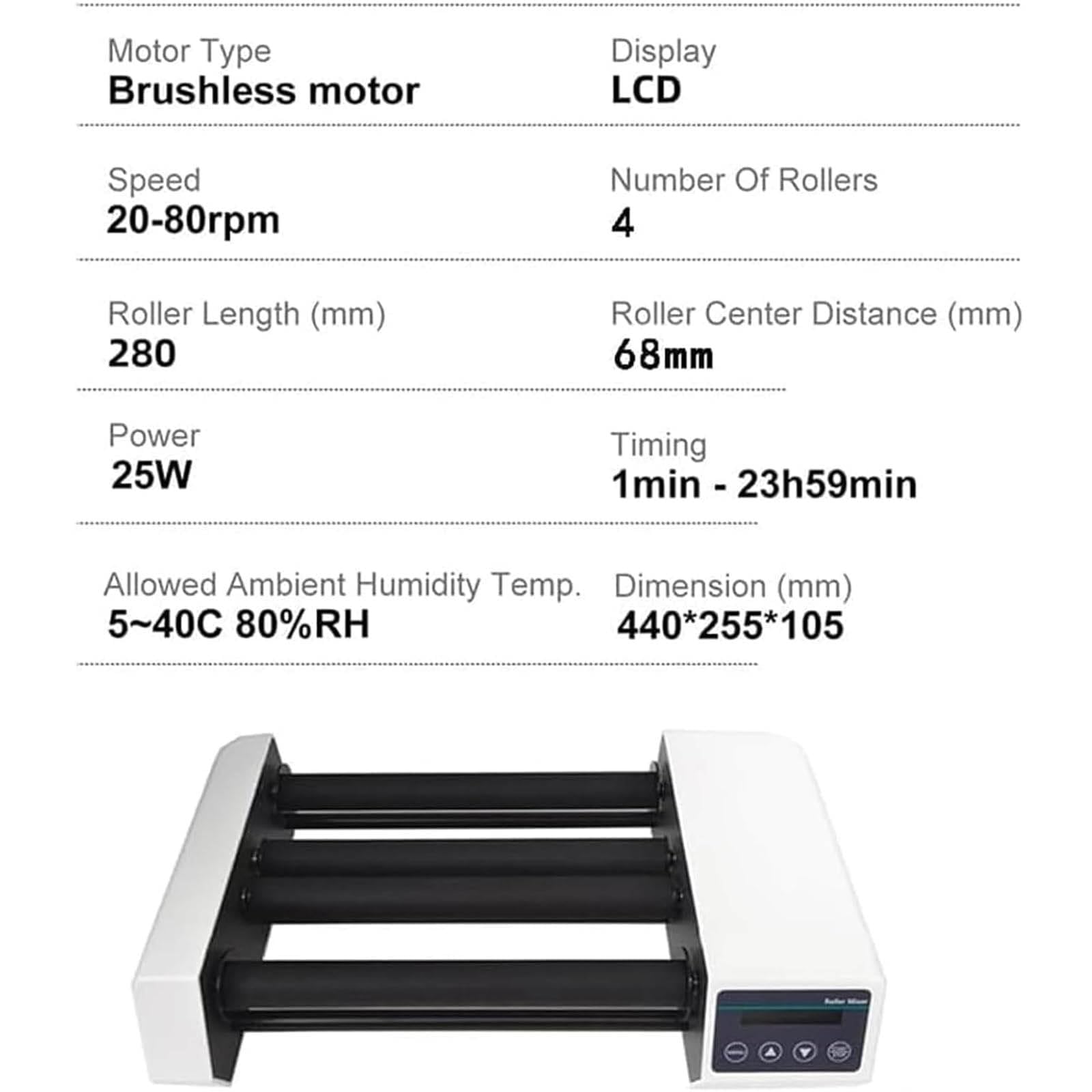 Mezclador digital de rodillos de laboratorio, agitador de 4 tubos, velocidad 20-80 rpm, temporizador 1 min-23 h59 min, modo continuo para pruebas de laboratorio químico y biológico