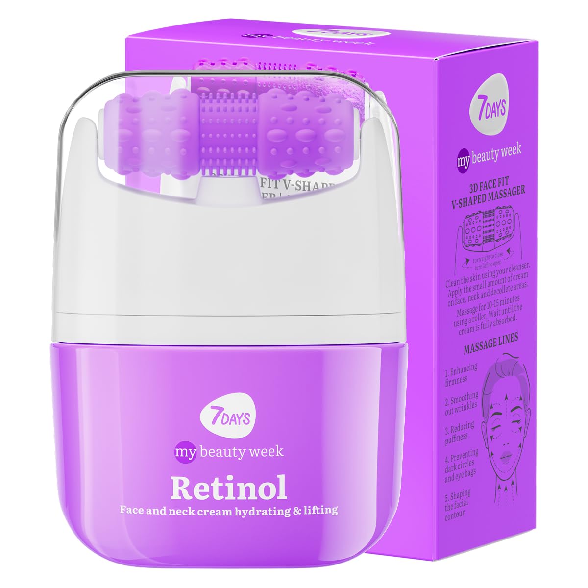 7DAYS Crema Viso e Collo Coreana Antirughe al Retinolo con Rullo Massaggiante – Effetto Lifting Rassodante e Compattezza, Azione Levigante, per Rughe e Linee Sottili, per il Doppio Mento, 40 ml