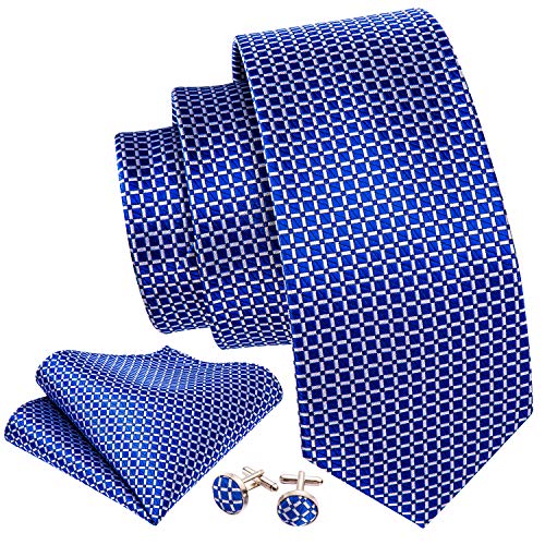 Image of Barry.Wang Mens Tie Set Plaid Check Neckties Formal Business Wedding Luxury Pocket Square Cufflinks