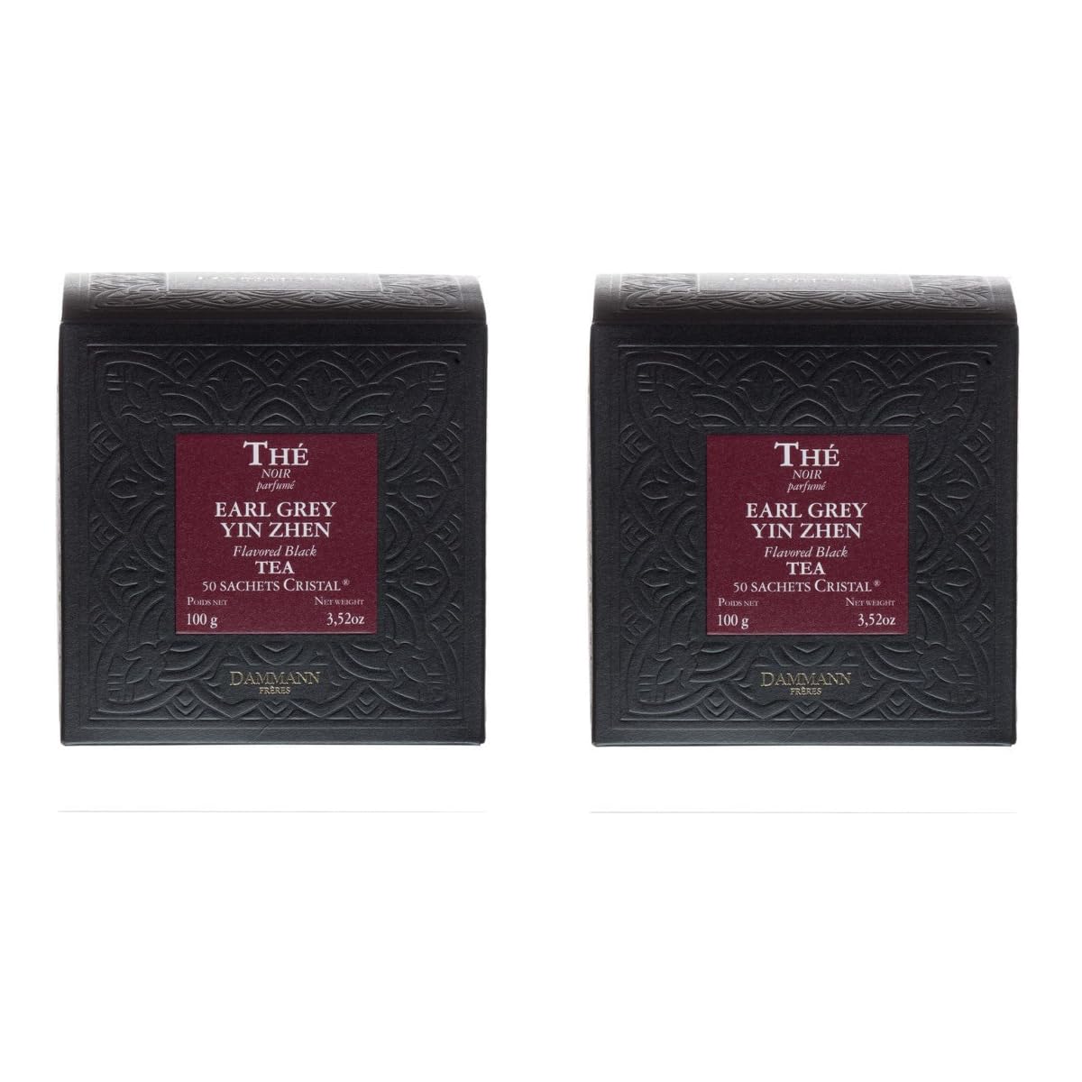 Dammann Frères Earl Grey Yin Zhen – Lote de 2 cajas x 50 bolsas de cristal – 100 bolsas de color negro Bergamota