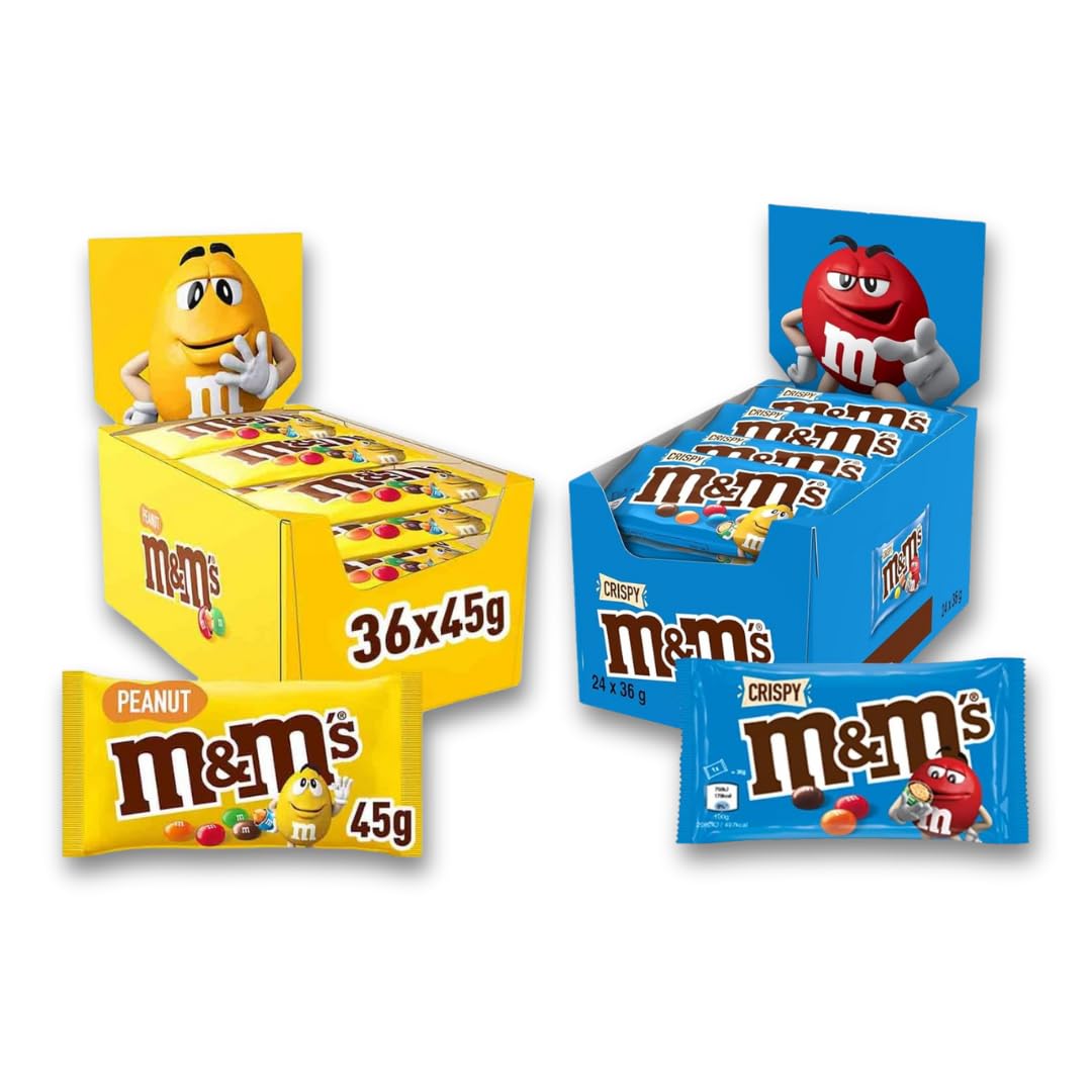 M&Ms Crispy & Peanut – Coffret, Chocolat au Lait - Idéal Cadeau et Snacks - 24x36g Crispy + 36x45g Peanut (60 Sachets au total)