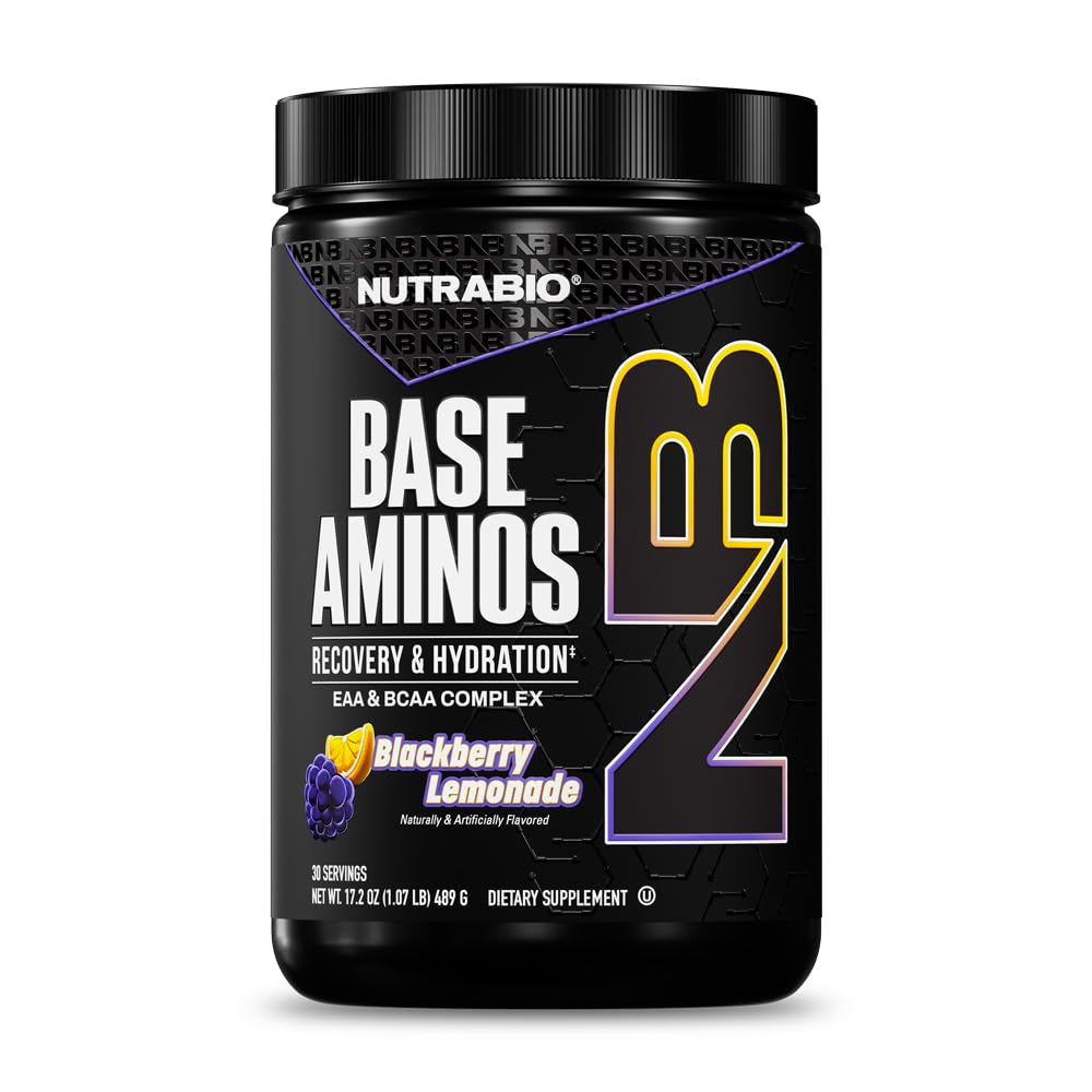 NutraBio Base Aminos EAA + BCAA Powder –10g Essential Amino Acids Supplement, 6g 2:1:1 BCAAs, 2.8g Hydration Matrix with Electrolytes & Absorption Enhancer AstraGin® – 30 Servings- Blackberry Lemonade
