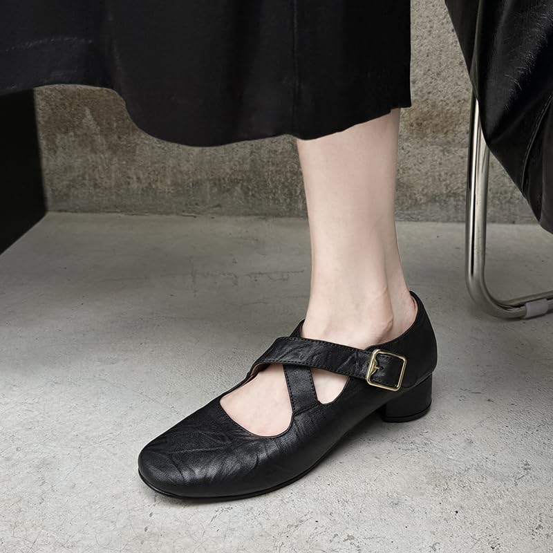 Women's Ballet Flats Chunky Heels Round Toe Cross Strap Mid Block Heel Pumps with Buckle Comfortable Shoes4