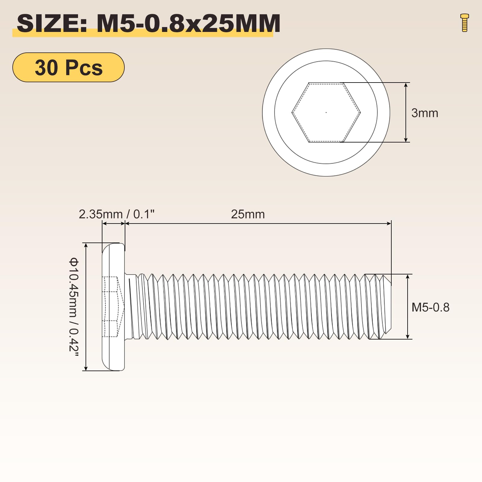 METALLIXITY Flat Head Hex Socket Cap Screws Bolts(M5-0.8x25) 30Pcs, 304 Stainless Steel Hex Socket Furniture Bolts Screws - Image 2