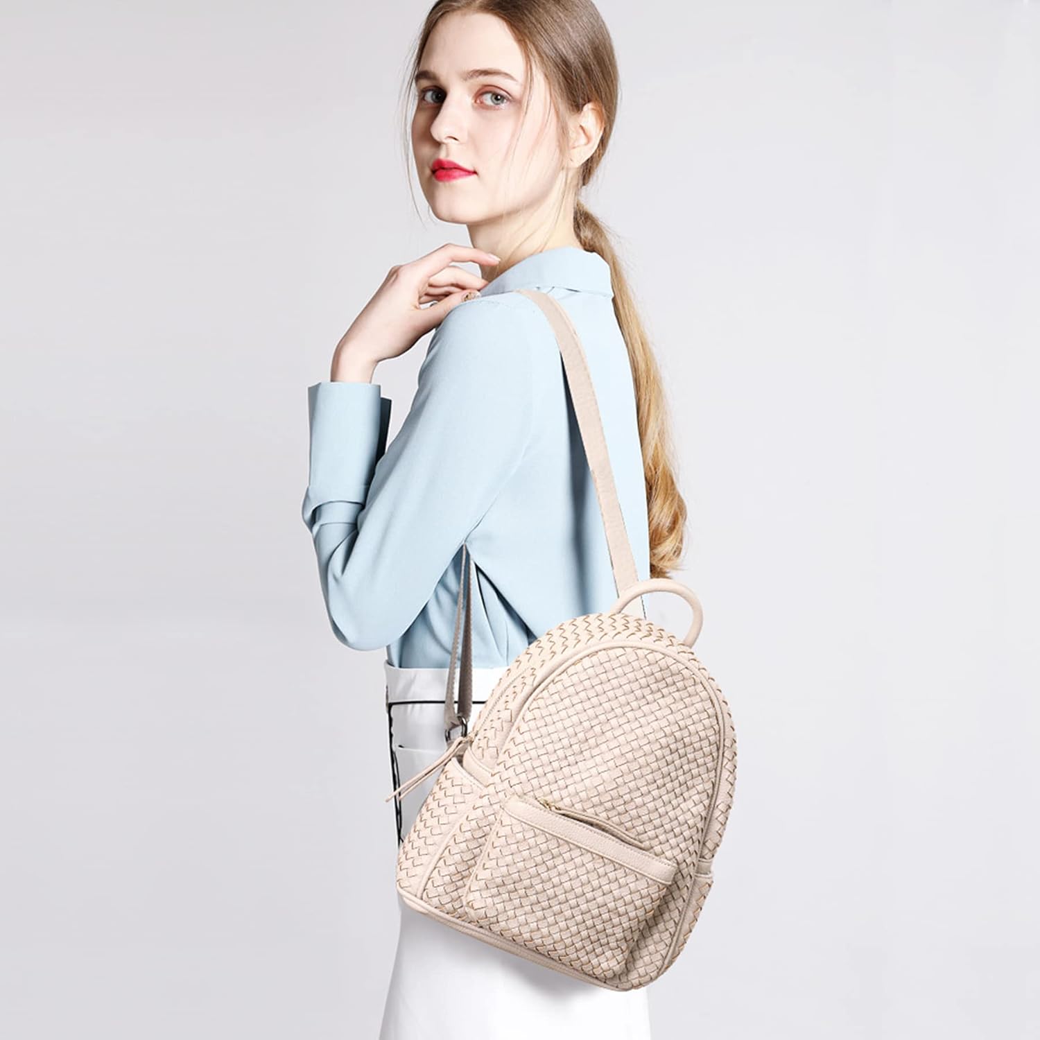 Mini Woven Backpack Purse for Women Trendy Daypacks Stylish Backpack Women's Fashion Handbag for Travel Vacation Valentine's Gift (Small Beige Woven) - Image 3