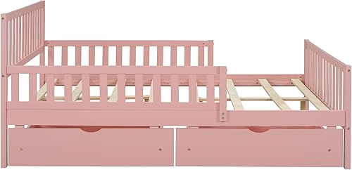 Miniatura 33 de Moderna plataforma de tamaño matrimonial con cabecera de almacenamiento y barandilla de seguridad para niños, plataforma de madera funcional con luz