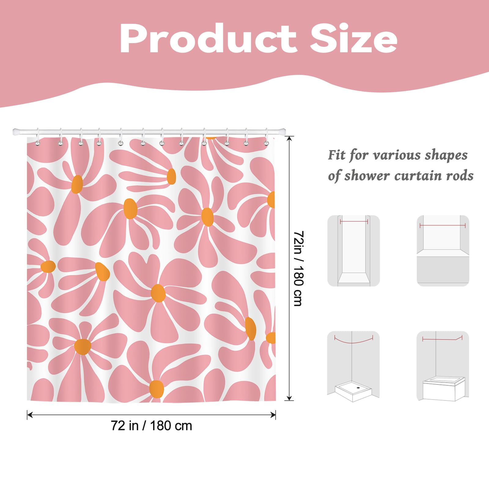 BREASOME Shower Curtain 180 x 180 cm Pink Abstract Floral Shower Curtain for Bathroom Decor Mould Proof Waterproof Polyester Fabric Bath Curtain with 12 Hooks - Image 2