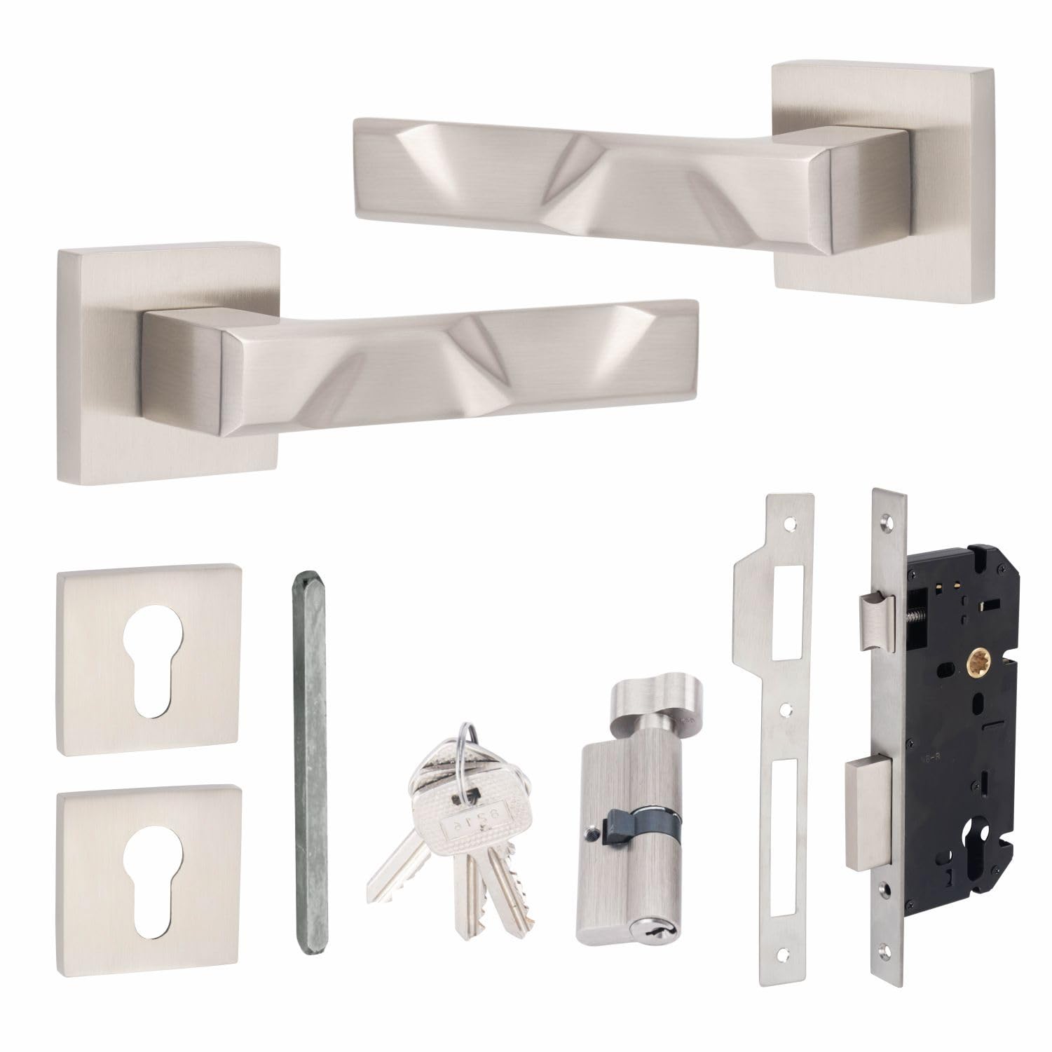 Golden Grace Satin Nickel Finish 1 Pair Modern Nova Euro Lock Door Handles, 70Mm Key & Thumbturn Barrell