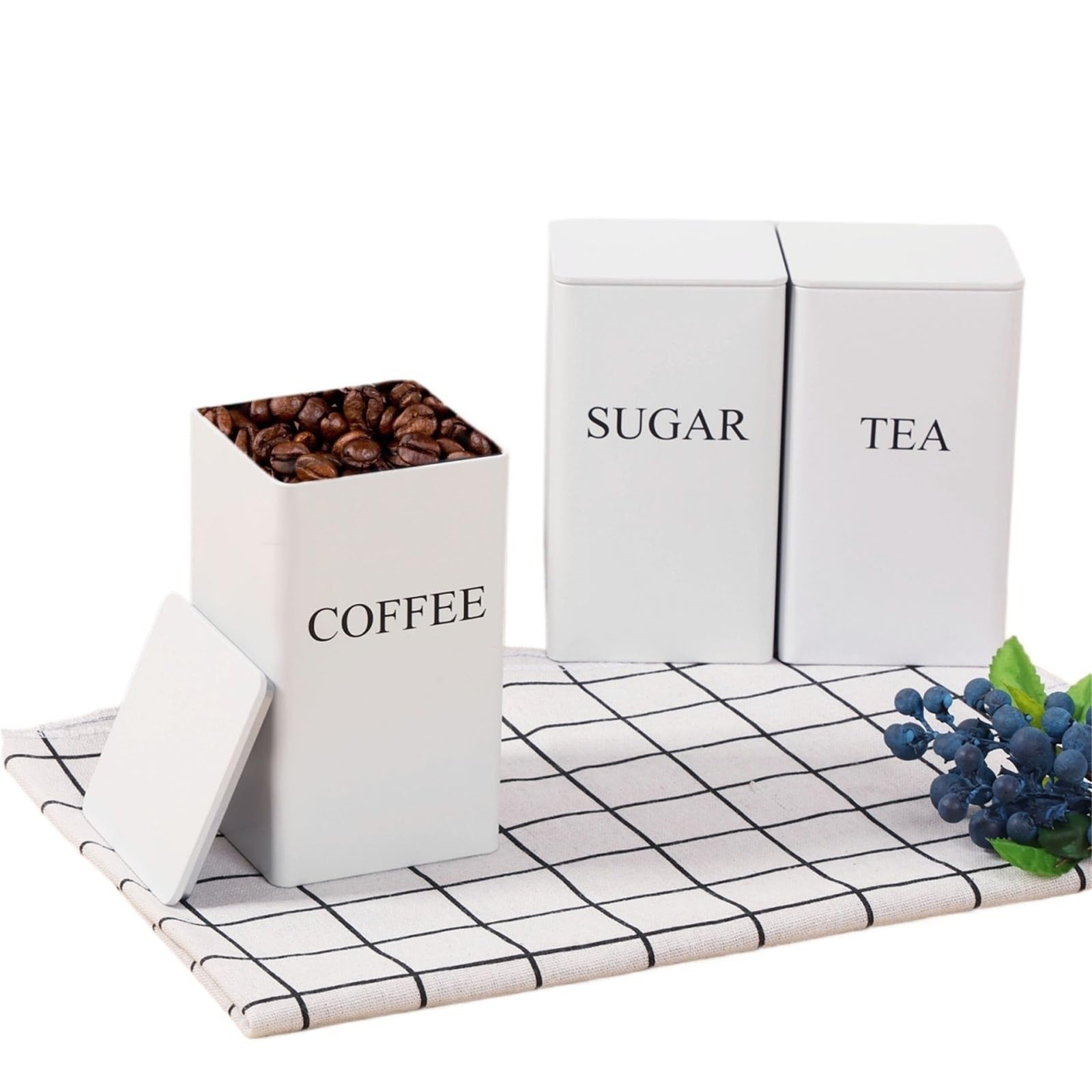 FDBTYJN Tea Caddy 3Pcs Coffee Bean Storage Canisters Tea Sugar Vacuum Sealed Jars Iron Heat Kitchen Cream Can Airtight Lid(White2)