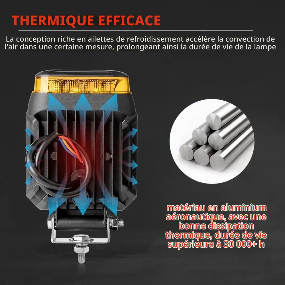2 Phares de Travail LED avec Gyrophare LED 12V 24V 10W Faisceau Flood Blanc Feu de Recul Feu Antibrouillard + Feu de Pénétration Stoboscopique Flash Orange