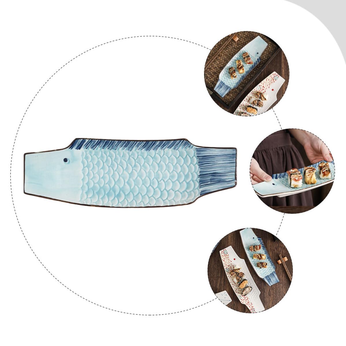 Garneck Plat à Sushi Design Japonerie Classique en Céramique Forme de Poisson, Facile à Nettoyer pour Décoration et Repas en