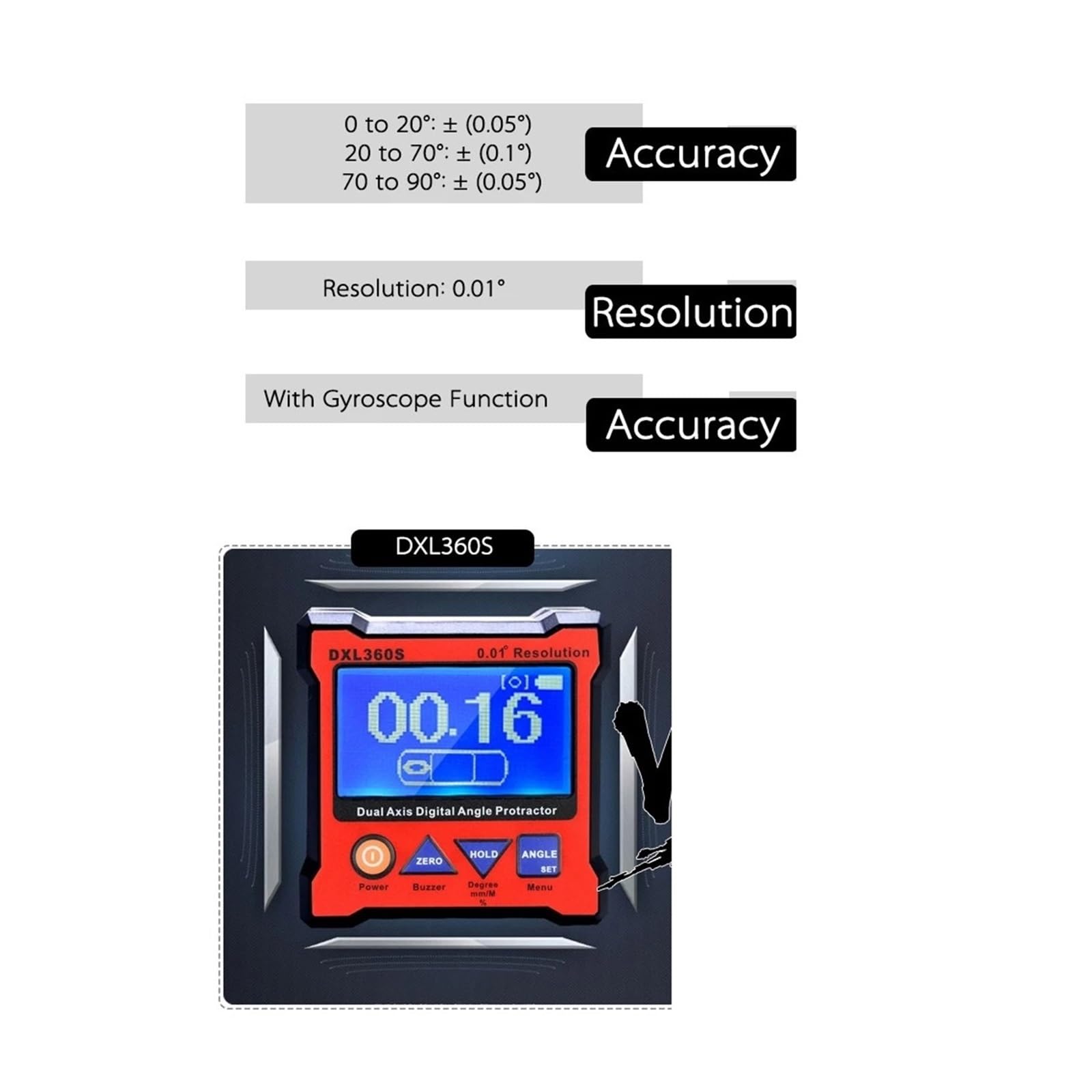 DXL360S Goniometro digitale a doppio asse, misuratore angolare di livello digitale con base magnetica su 5 lati Precisione 0,01°