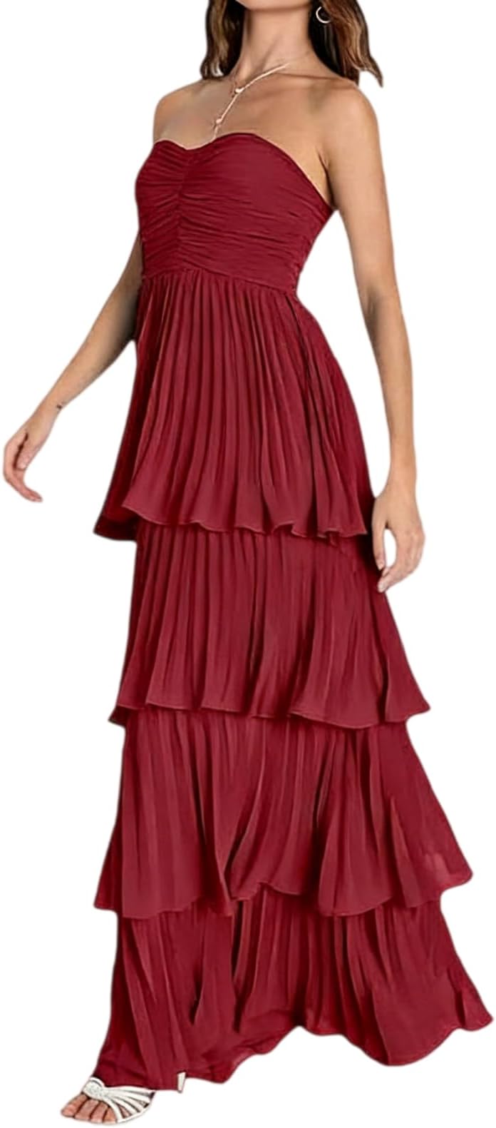 Women's Strapless Tiered Ruffle Bridesmaid Dresses Corset Tube Long A-Line Flowy Dresses Formal Evening Party Gowns