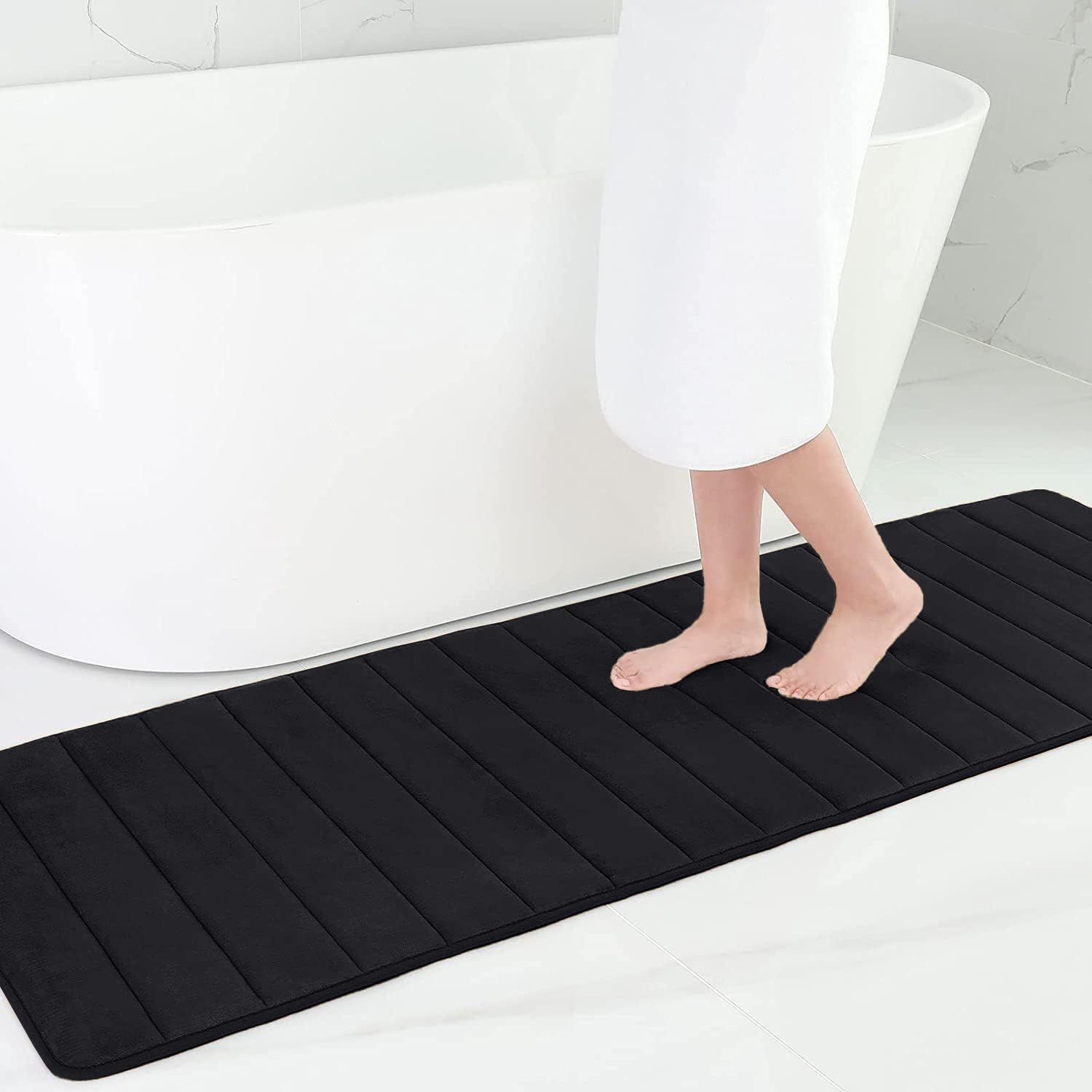 smiry Memory Foam Bath Mat, 60 x 180 cm, Extra Soft Large Bathroom Mat Runner, Super Absorbent Non-Slip Bath Mats for Bathroom Floor Long Machine-Washable Dry Bath Rug Foot Mat, Black — image 1