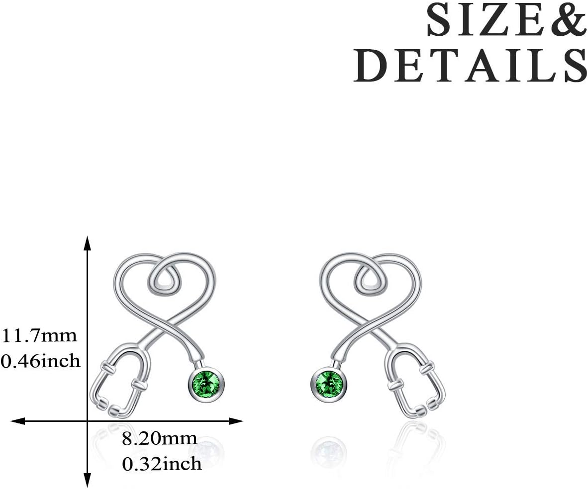 Stethoscope Earrings 925 Sterling Silver Heart Studs Earrings 12 Months Birthstone Crystals from Austria, Graduation Jewelry Gifts for Nurse Doctor RN Medical Student