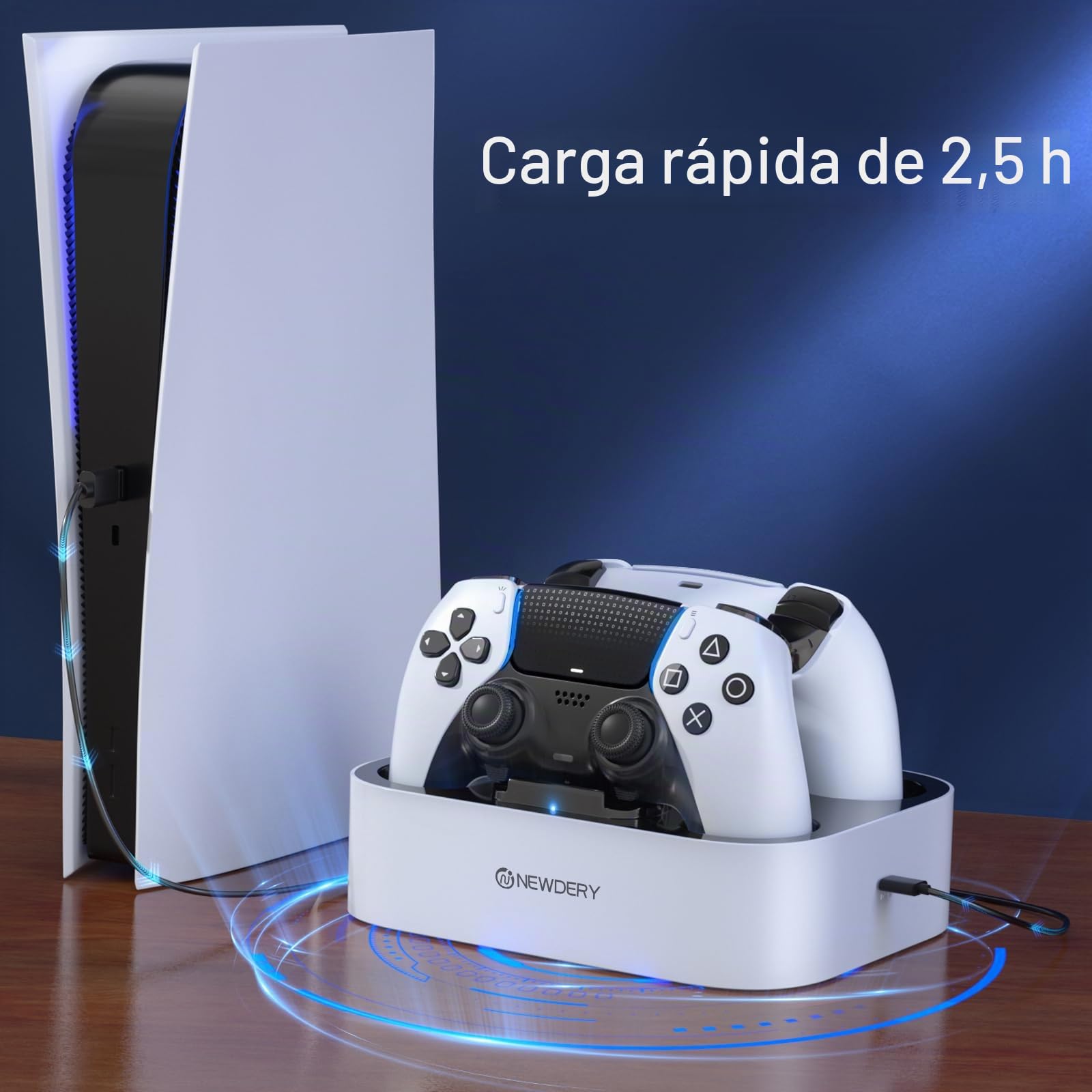 NEWDERY Cargador para Mando PS5, Rápido Cargador Mando PS5, estación de Carga Compatible con Mandos DualSense PlayStation 5