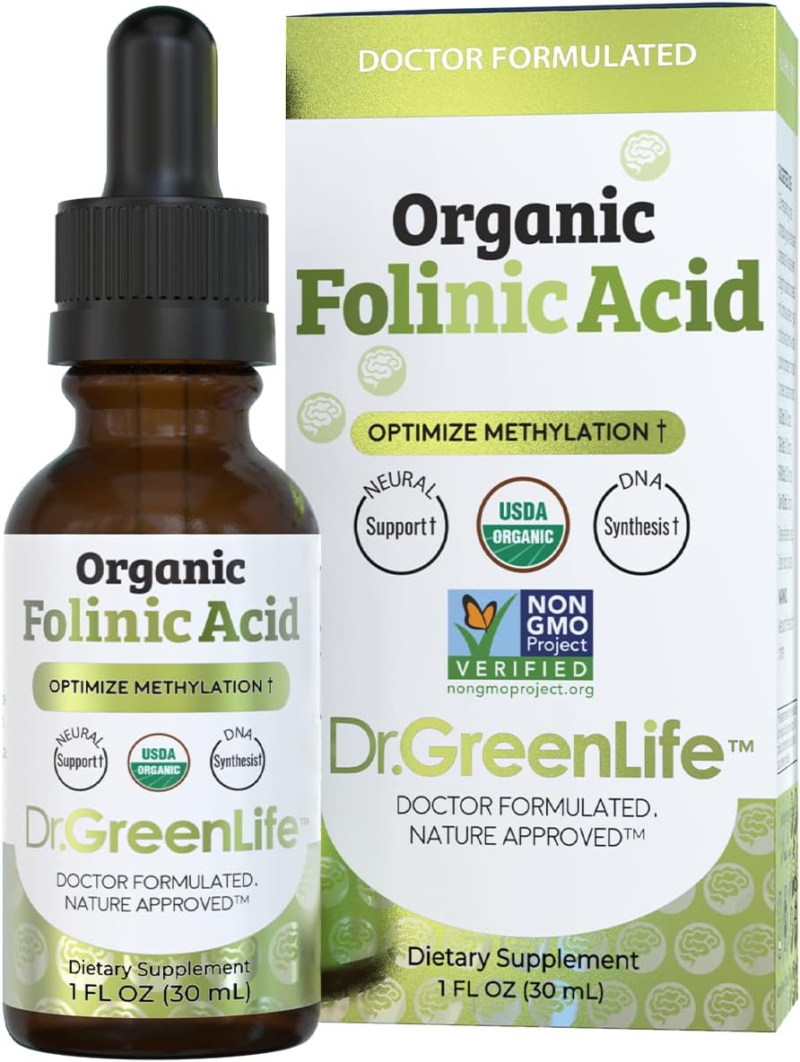 Dr. Green Life USDA Organic Folinic Acid Drops - 500 mcg per Drop | Methylation Support B9 Supplements for Kids & Adults | Supports Neurological Function, Nervous System Health & DNA Synthesis
