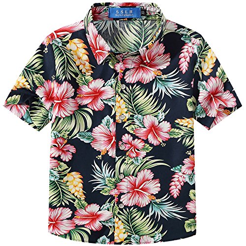 SSLR Camisa Hawaiana Colorida de Manga Corta de Flores de Verano para Niño (Large, Navy) Cover