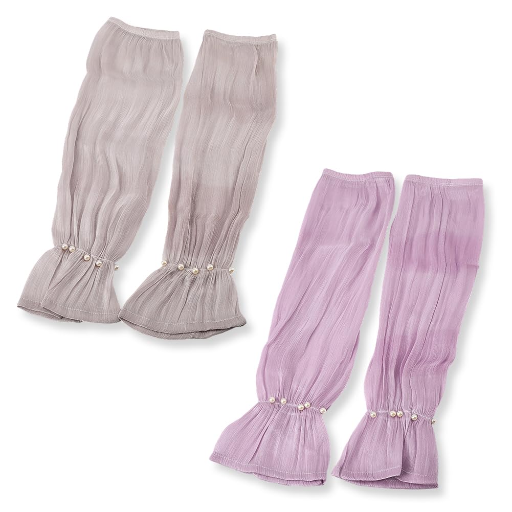 CABODYALS 2 Pairs 2 Colours Pastel Long Lace Wedding Fingerless Gloves Sheer Mesh Ruched Ruffle Hem Sun Protection Arm Sleeve Tulle Pearl Bridal Arm Sleeves for Women Costume Dresses Decor Accessories