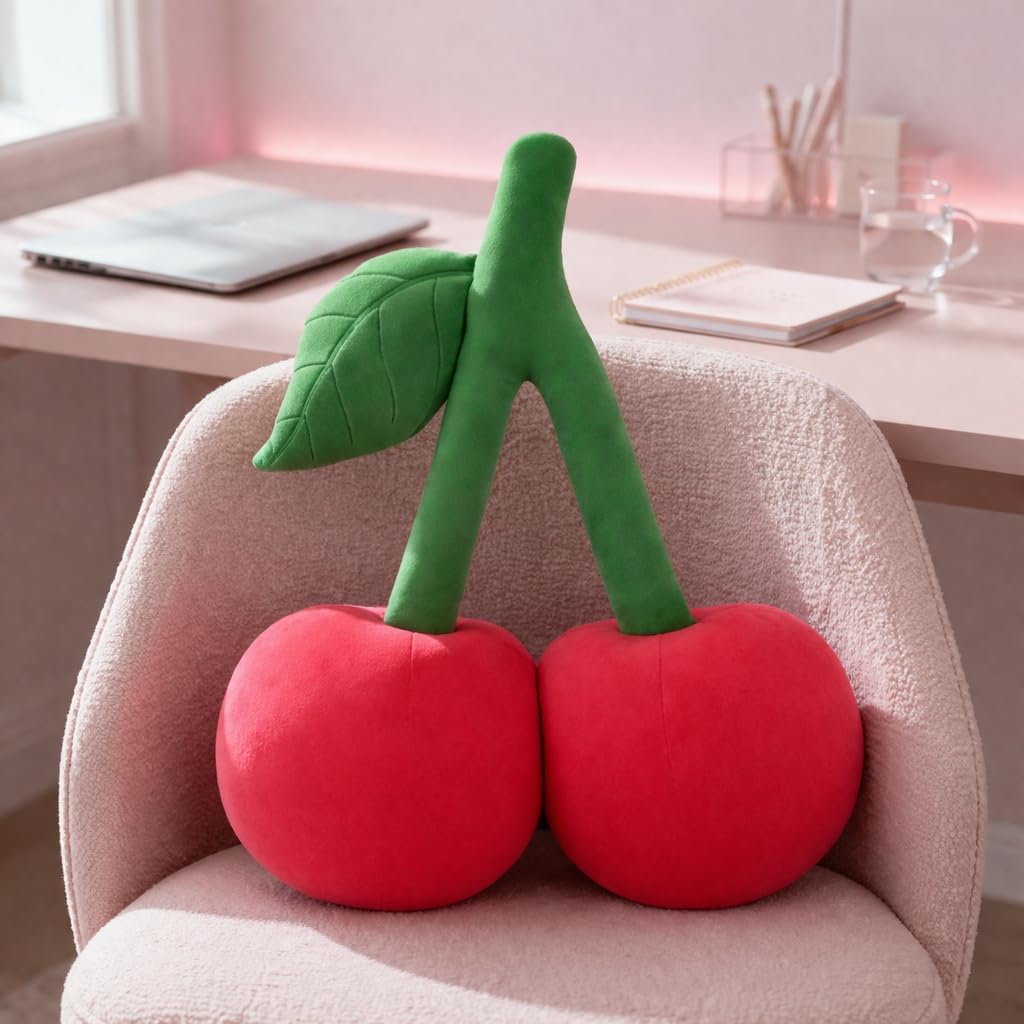 Cherry Pillow for Preppy Room Decor –17x14 In 3D Decorative Cherry Throw Pillow in Luxe Velvet –Shape Hold Fill Fruit Cushion with Sculpted Stem & Embroidered Leaf for Sofa & Aesthetic Home Decor Pink