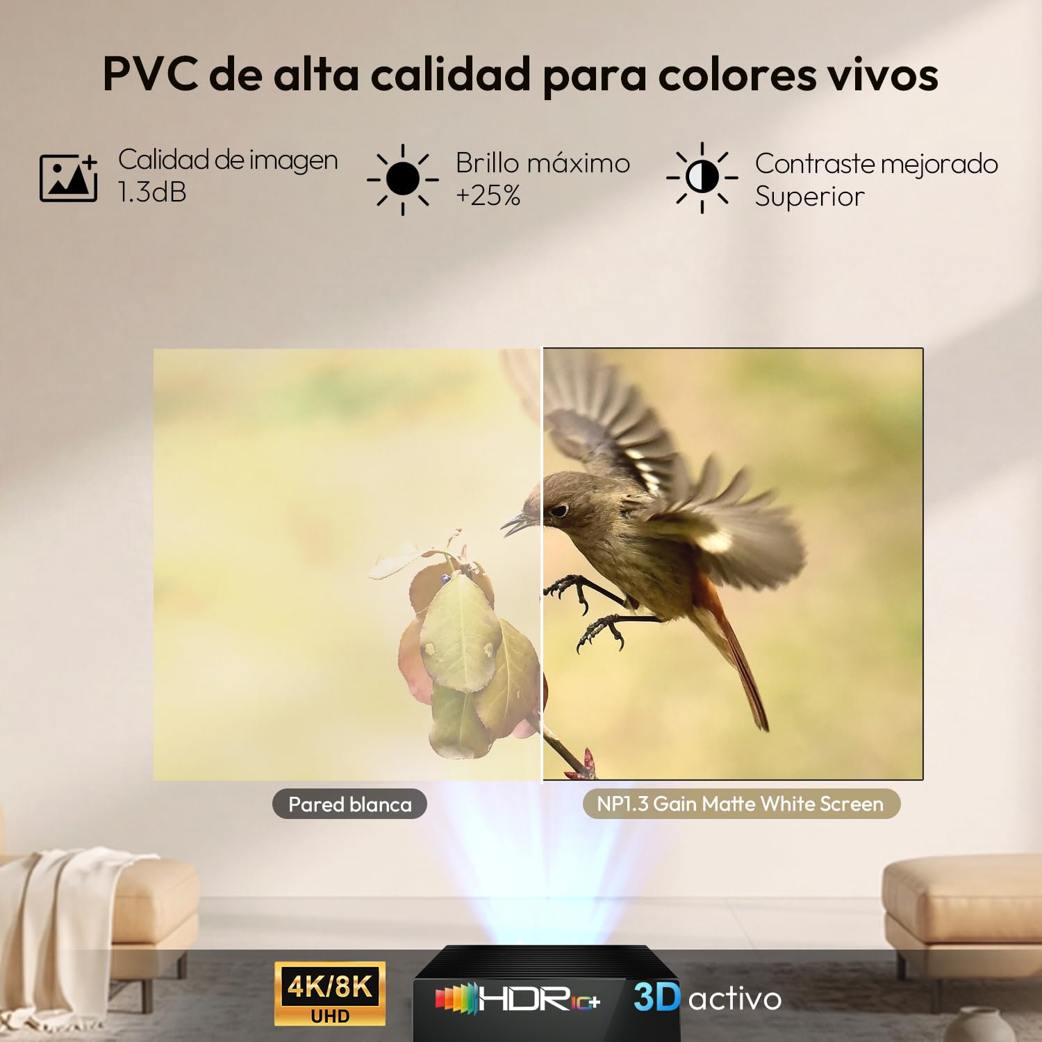 Pantalla Marco Fijo Proyector Matte White 100 Pulgadas | Para proyectores UST, de Corta Distancia y Estándar, 1,3 Gain, 4K/8K UHD, 16:9, Active 3D, Montaje en Pared, Cine en Casa