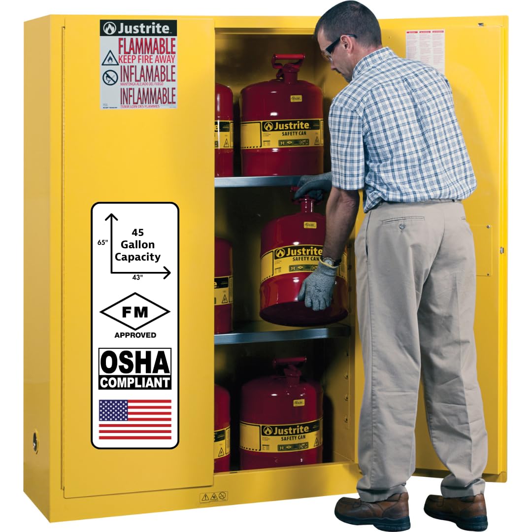 Photo 1 of **DENTS/SCRATCHES/SCRAPES FROM TRANSPORT**Justrite 45 Gallon Manual Close Flammable Storage Cabinet, 18 Gauge Steel, 2 Shelves, 2 Door Fire Cabinet, 65" x 43" x 18", Made in The USA, Yellow, 894500