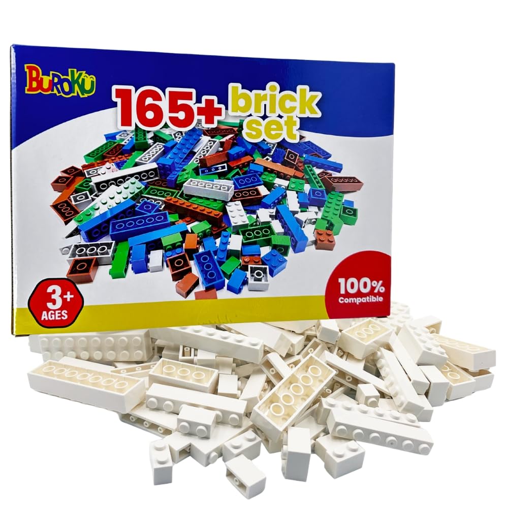 Buroku - 165 Piece White Building Pack | Toy Bricks Compatible with All Brands | Encourages Creativity and Imagination | Various Sizes | Safe and Non-Toxic | Bricks