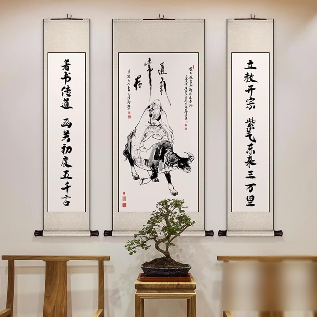 Zestaw 3 elementów zwoju „Sage On Buffalo Scroll Painting” w stylu klasycznej sztuki chińskiej, kreatywna dekoracja ścienna do szkoły, wybór prezentów edukacyjnych