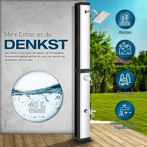 tillvex Solardusche 40 Liter inkl. Schutzhaube | Solar Garten-dusche warmes Wasser | Pooldusche Camping | ohne Stromanschluss | mit Wasserhahn und Regenduschkopf | Gartenschlauch-Anschluss