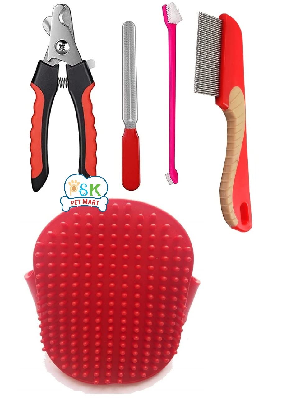 PSK PET MART Grooming Single Side Combo, Nail Cutter, Tooth Brush for Dog, Puppy, Cat and Kitten - Combo of 4