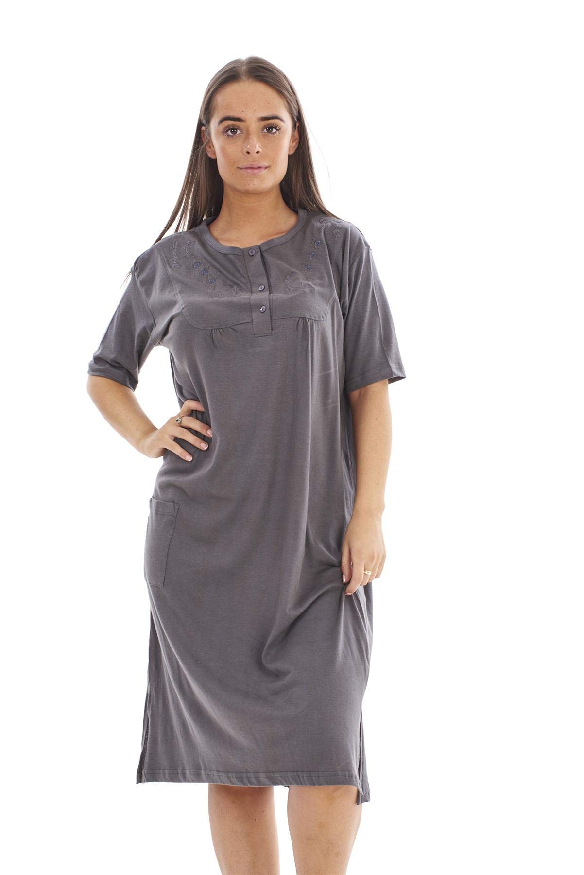 Malay Ladies Plain Nightdress Embroidered Crew Neck Short Sleeve Pocket Nightshirt Dark Grey