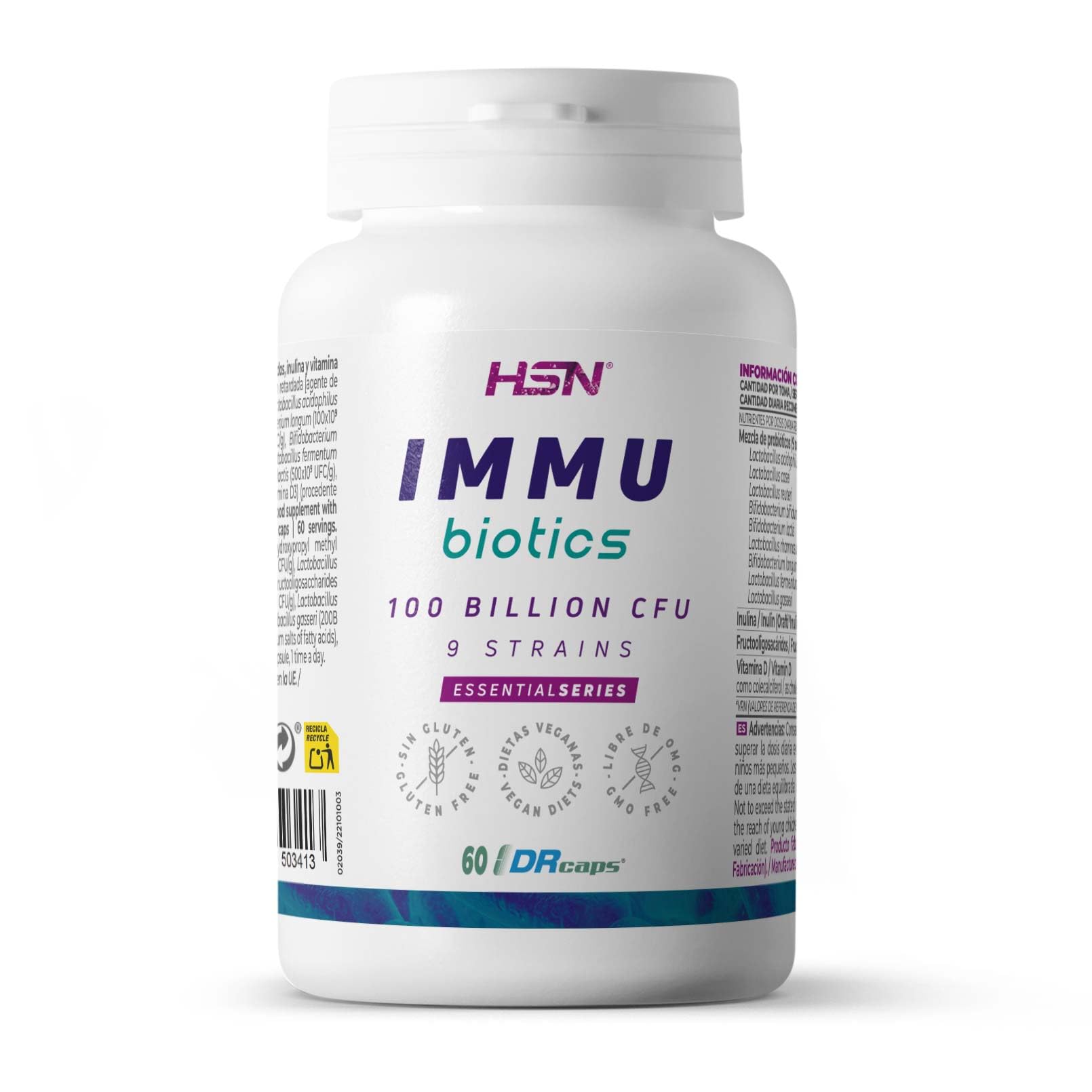 Probiótico Sistema Inmune 100 Billion UFC - 9 Cepas Lactobacillus y Bifidobacterium - de HSN INMU BIOTICS | 60 Cápsulas DR Caps® de liberación retardada y recubrimiento entérico