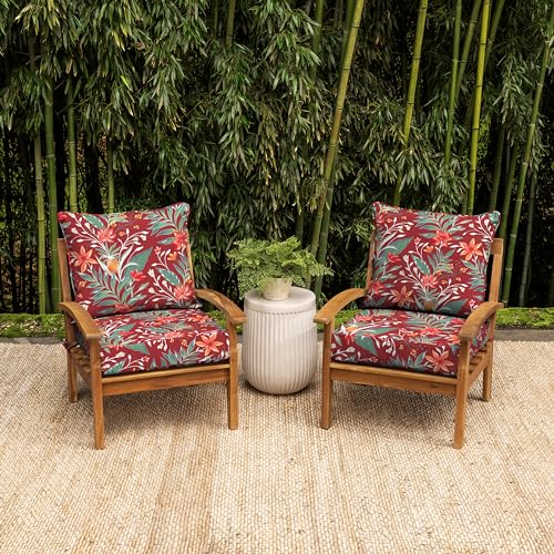 Image of Arden earthFIBER Outdoor Deep Seat Cushion Set, 24 x 24, Rain-Proof, Fade Resistant, Deep Seat Bottom and Back Cushion for Chair, Sofa Luau Red Tropical Floral