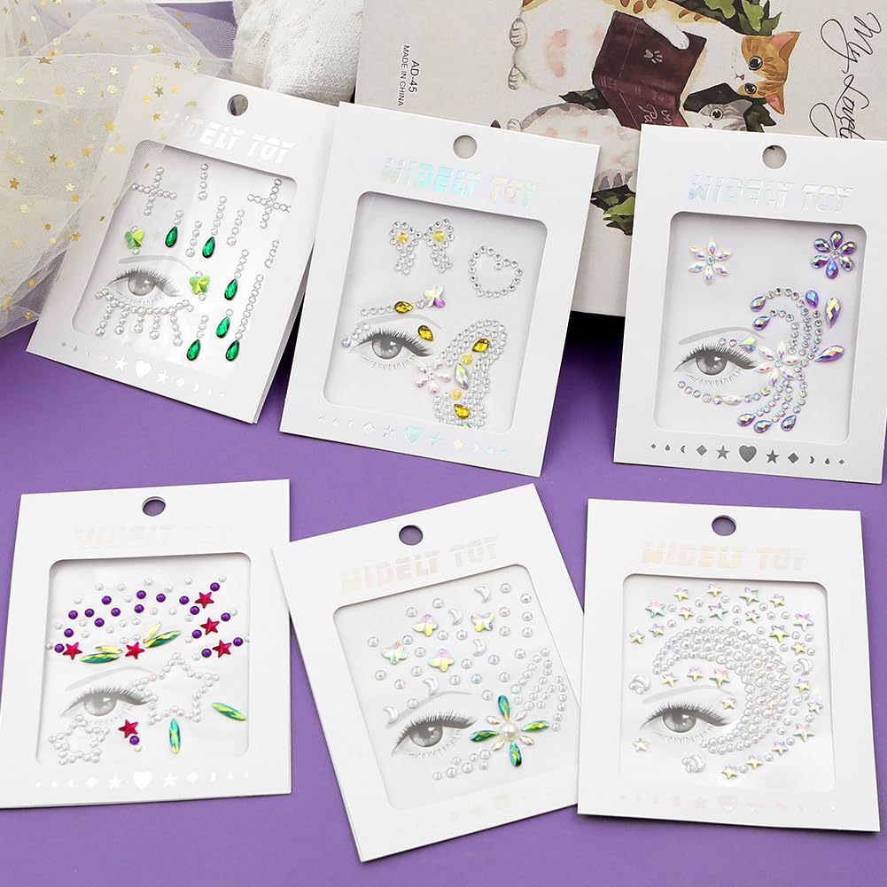 6 Pcs Face Gems,Crystal Half Face Jewelry Sticker Glitter Rhinestone Festival Gems Temporary Tattoo Forehead Eyebrow Decoration for Women Kids Eyes Body Make Up Christmas Halloween Summer Party - Image 4