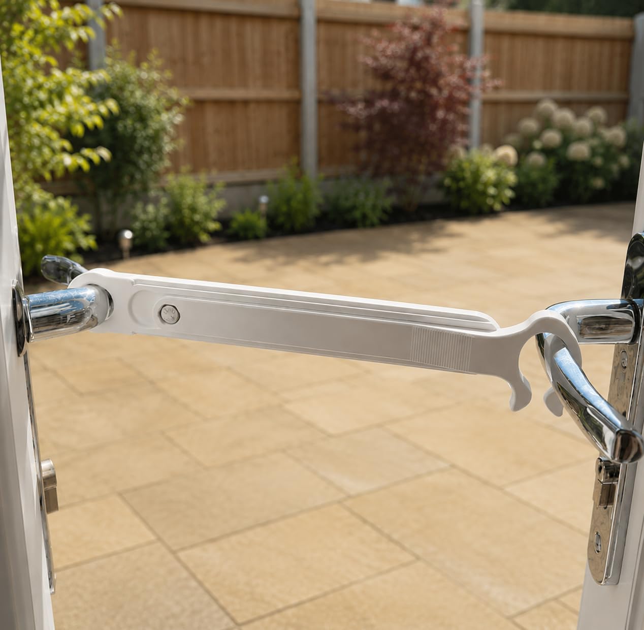 EASYREP Adjustable Door Holder Stay – Holds French & Patio Doors Open from 26–42 cm – Quick-Lock for All Pets, Ventilation Easy Access – No Drilling, Made in Britain – White