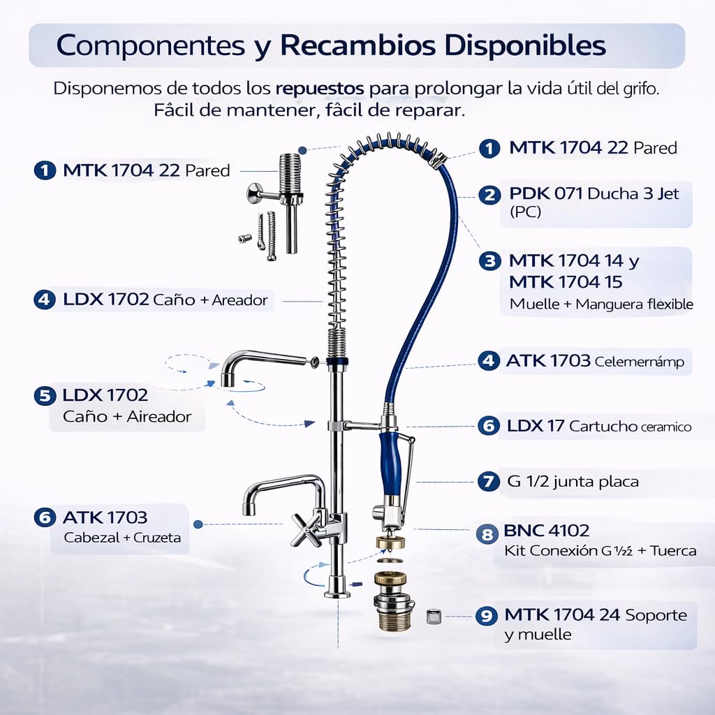 Genebre - Grifo Industrial 1704 04 | Columna de Prelavado Alta con Ducha Extraíble y Caño Giratorio | Cocina Profesional, Hostelería, Acero Inoxidable AISI 304, Montura Cerámica, Antical