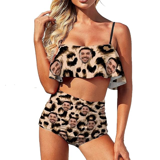 InterestPrint Women Customized Faces Two Piece Swimsuit Shoulder Ruffle Bathing Suits Personalized Printing Bikini Set