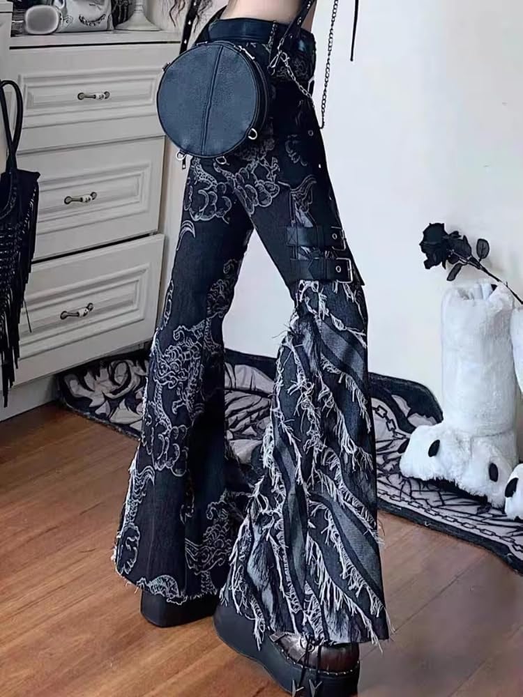 Y2K Grunge Flare Leg Jeans - Punk Aesthetic Denim Pants with Tassel & Horn Accents, Includes Belt: Black Small