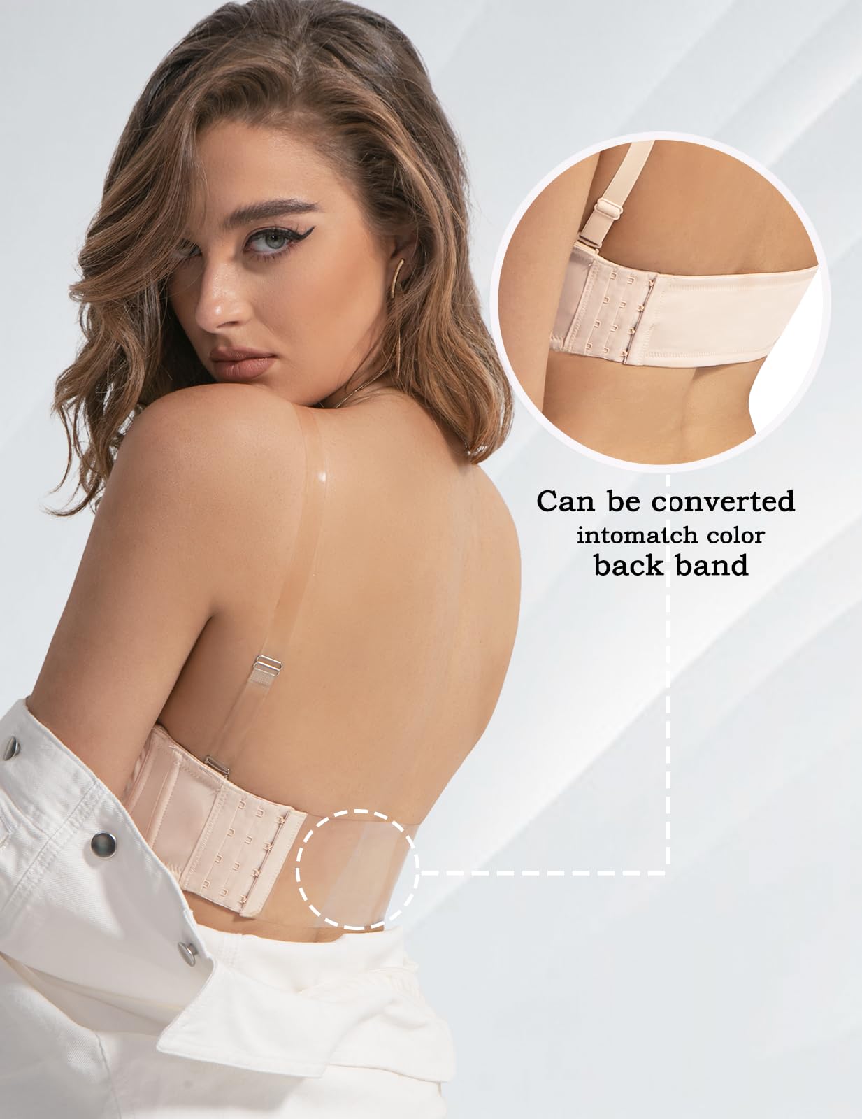 Trägerloser rückenfreier BH mit transparenten Trägern und rückseitigem wandelbarem Multiway-Bügel, leicht gepolstert, Übergröße für Damen