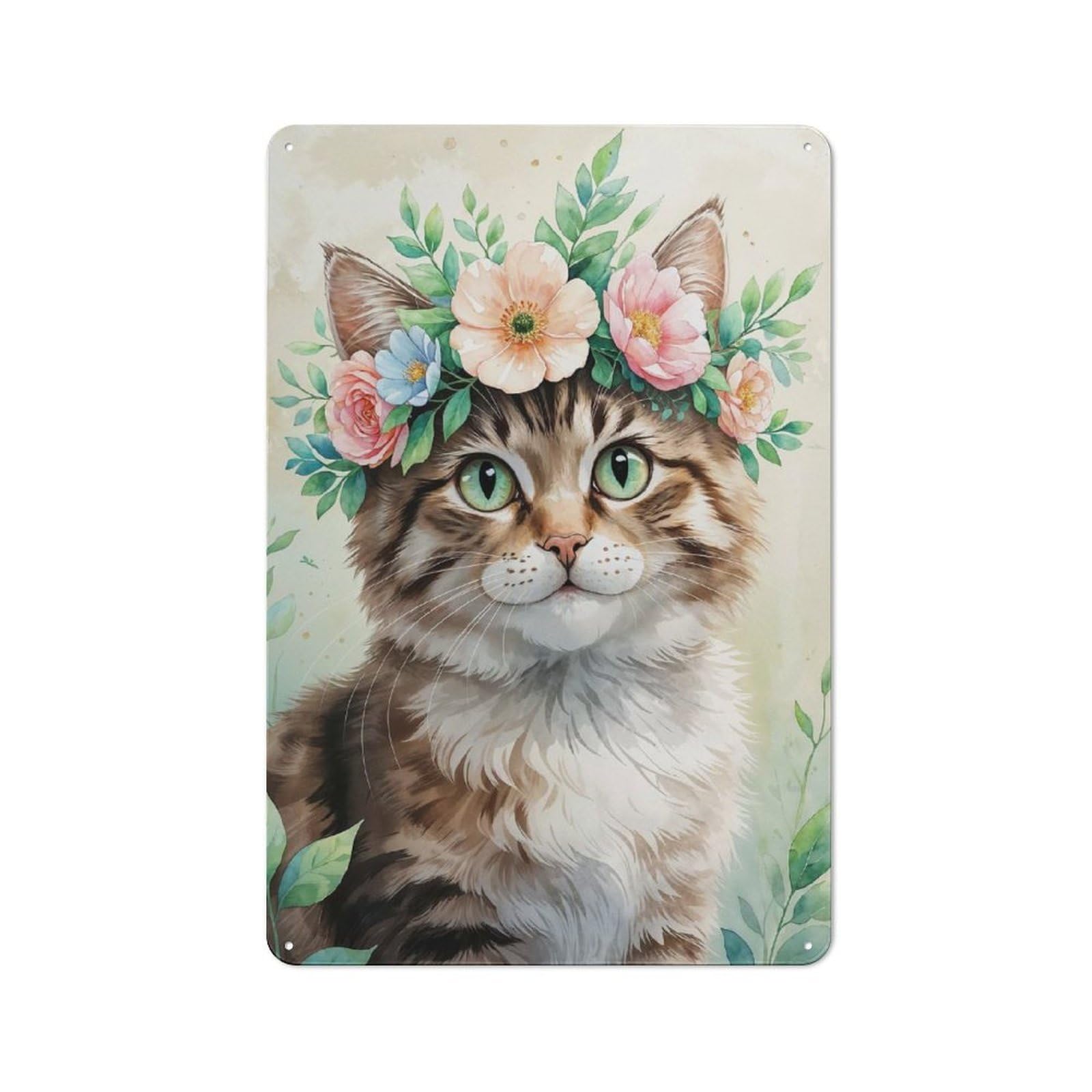 Cute Cat with Flower Crown Watercolor Rustic Tin Sign 30x20cm for Man Cave Or Games Room, A Decorative Gift for A Newly Furnished Man Cave And Games Room