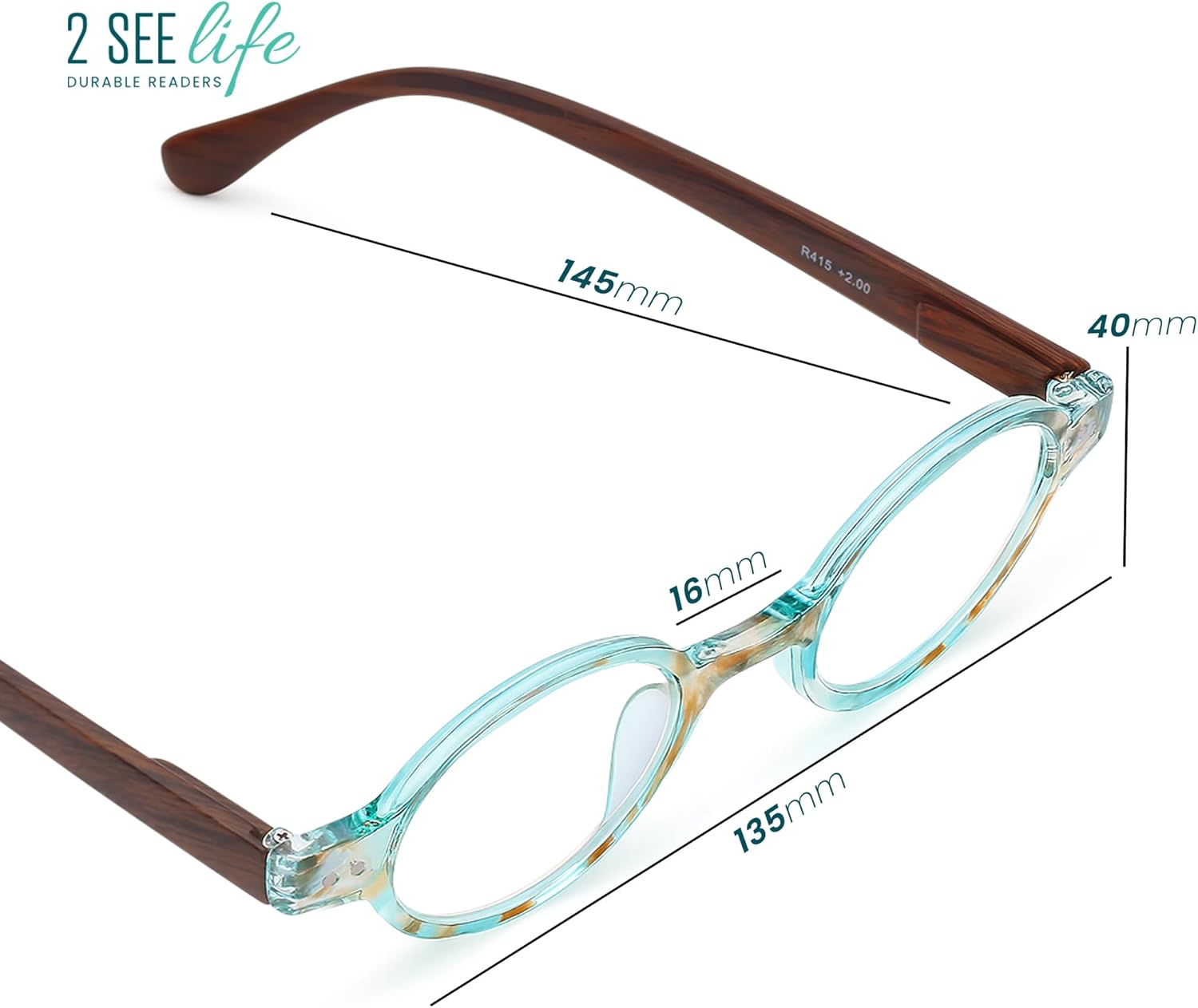 2SeeLife Small Round TR-90 Reading Glasses for Men & Women - Narrow-Medium Fit, Sturdy Frame, Spring Hinges, Retro Readers, Aqua Blue, +1.00 - Image 7