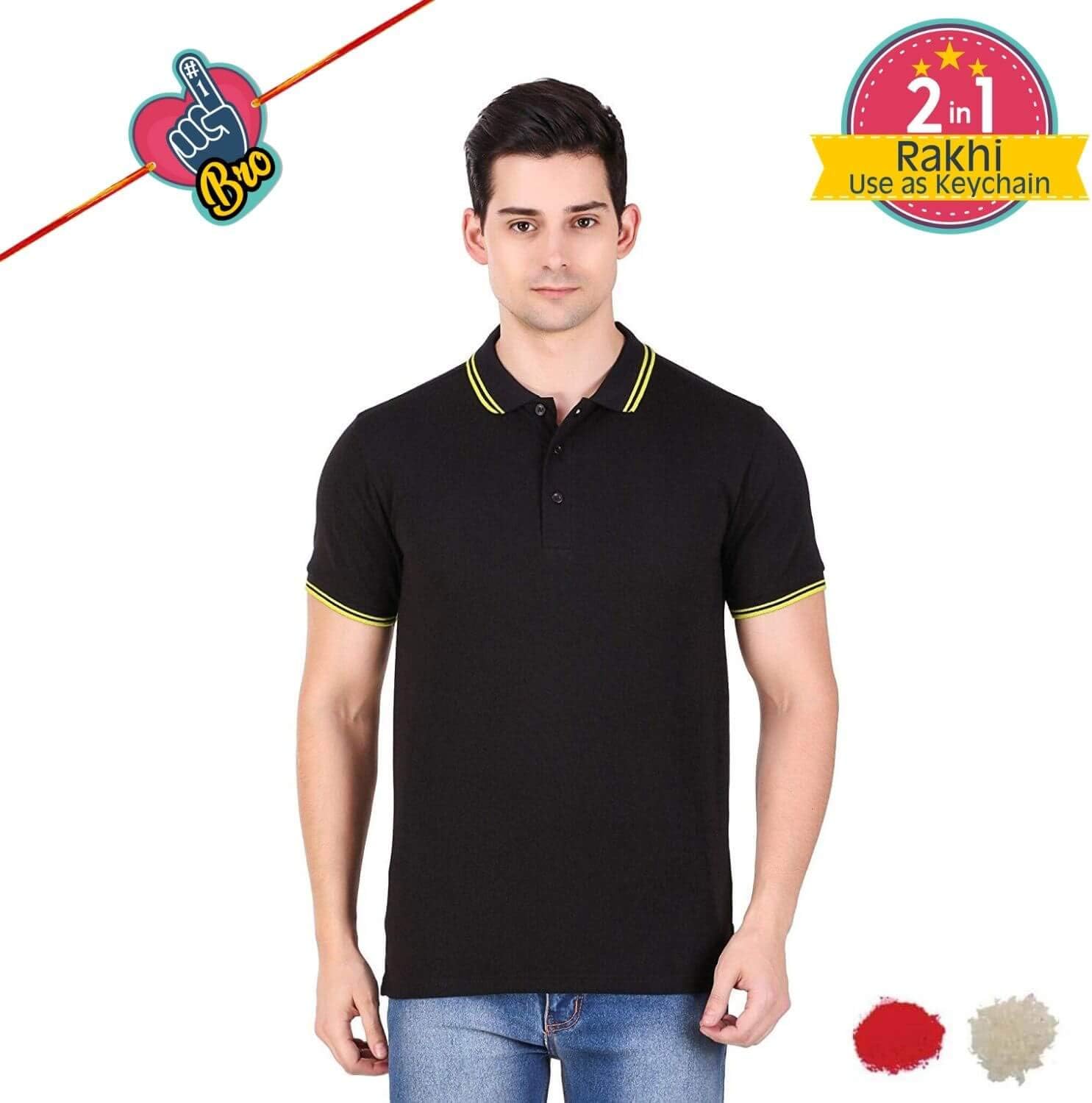 YaYa cafe Rakhi Gifts for Brother, Men's Cotton Half Sleeve Tipped Collar Polo T-Shirt Plain Solid with Printed Rakhi, Roli Chawal (No. 1 BRO- 2 in 1 Rakhi)