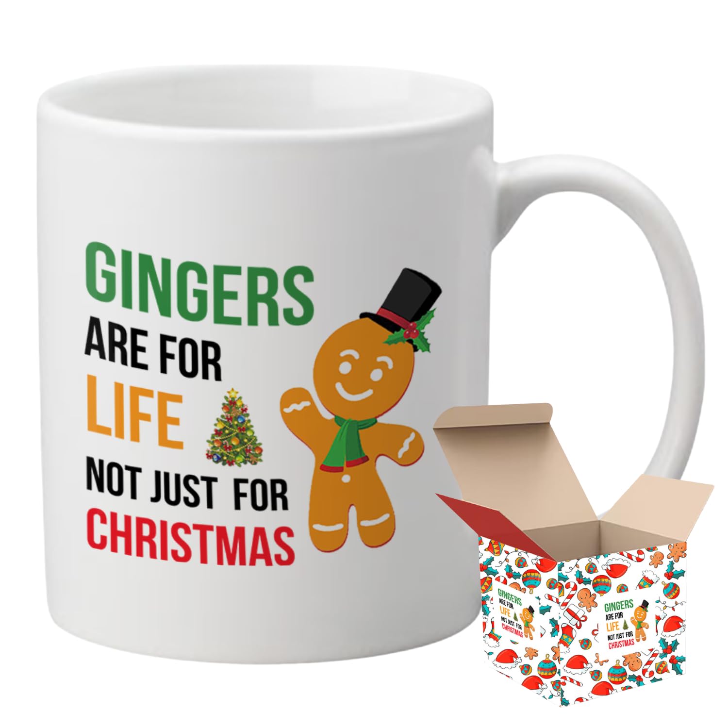Gingers are for Life, Not Just for Christmas Funny Christmas Mug with Secure Gift Box; Ideal Ginger Gift Mug for Men and Women, Ginger Present Joke, Christmas Ideas for Him and Her.