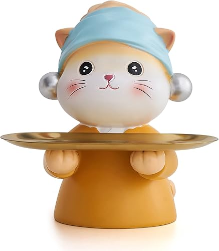 Bandejas decorativas de almacenamiento de escritorio de oficina con diseño de gato artístico escultura de resina animal cuenco de llaveros