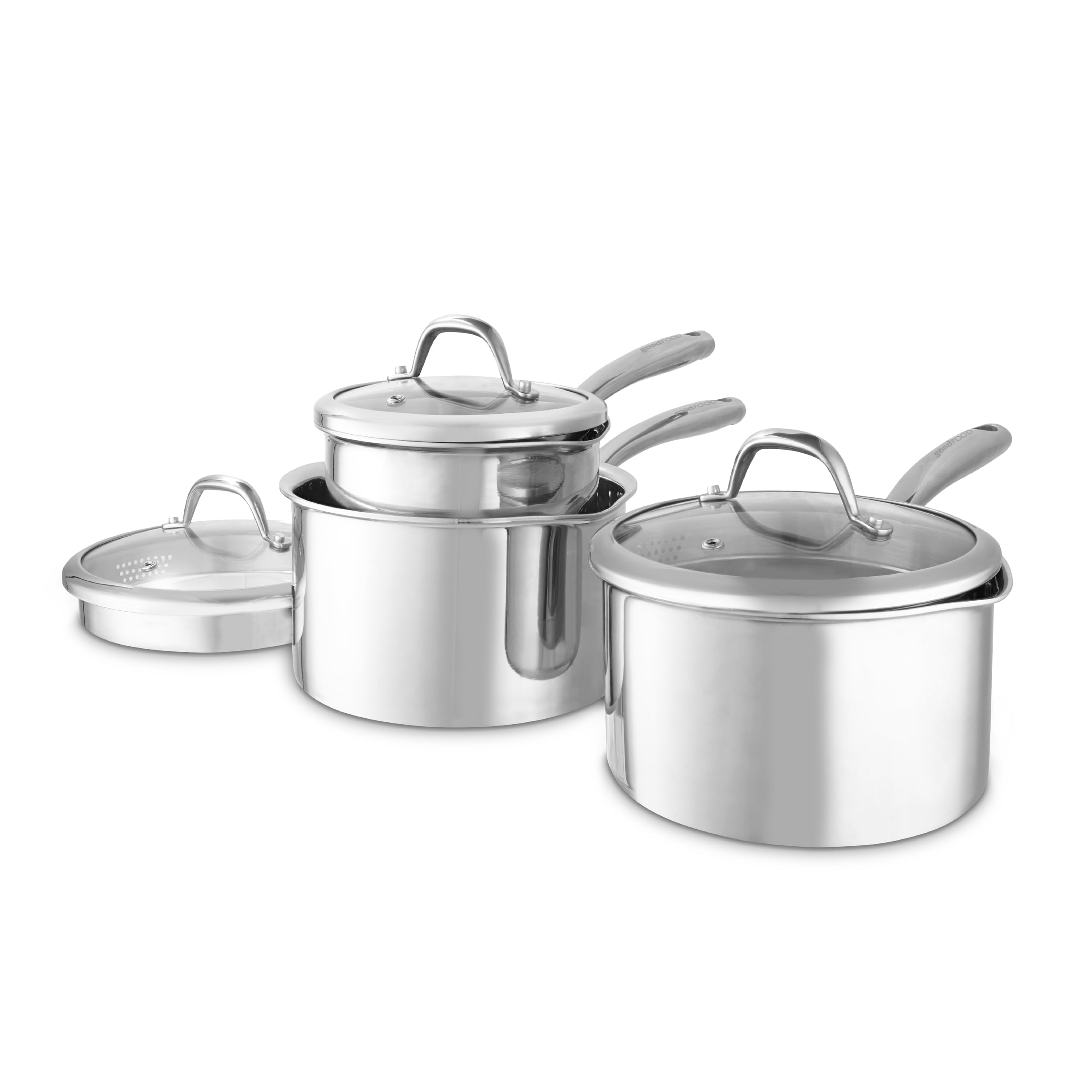Good Food in Partnership with Tower Tri-Ply 3 Piece Saucepan Set with 16cm, 18cm & 20cm Saucepans with Tempered Glass Lids, Induction Compatible, Stainless Steel
