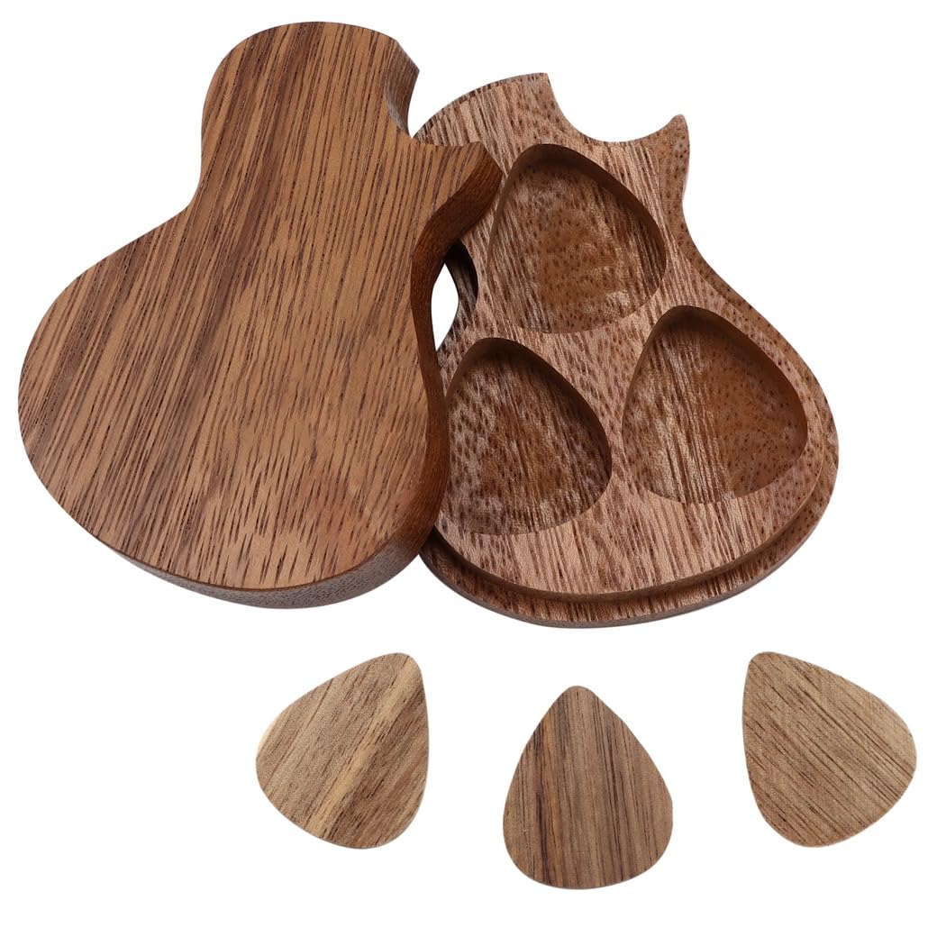 Wooden Guitar Pick Case With 3 Wooden Plectrums, Black Walnut, Cutaway Guitar Shape, Great Gift For Music Lovers
