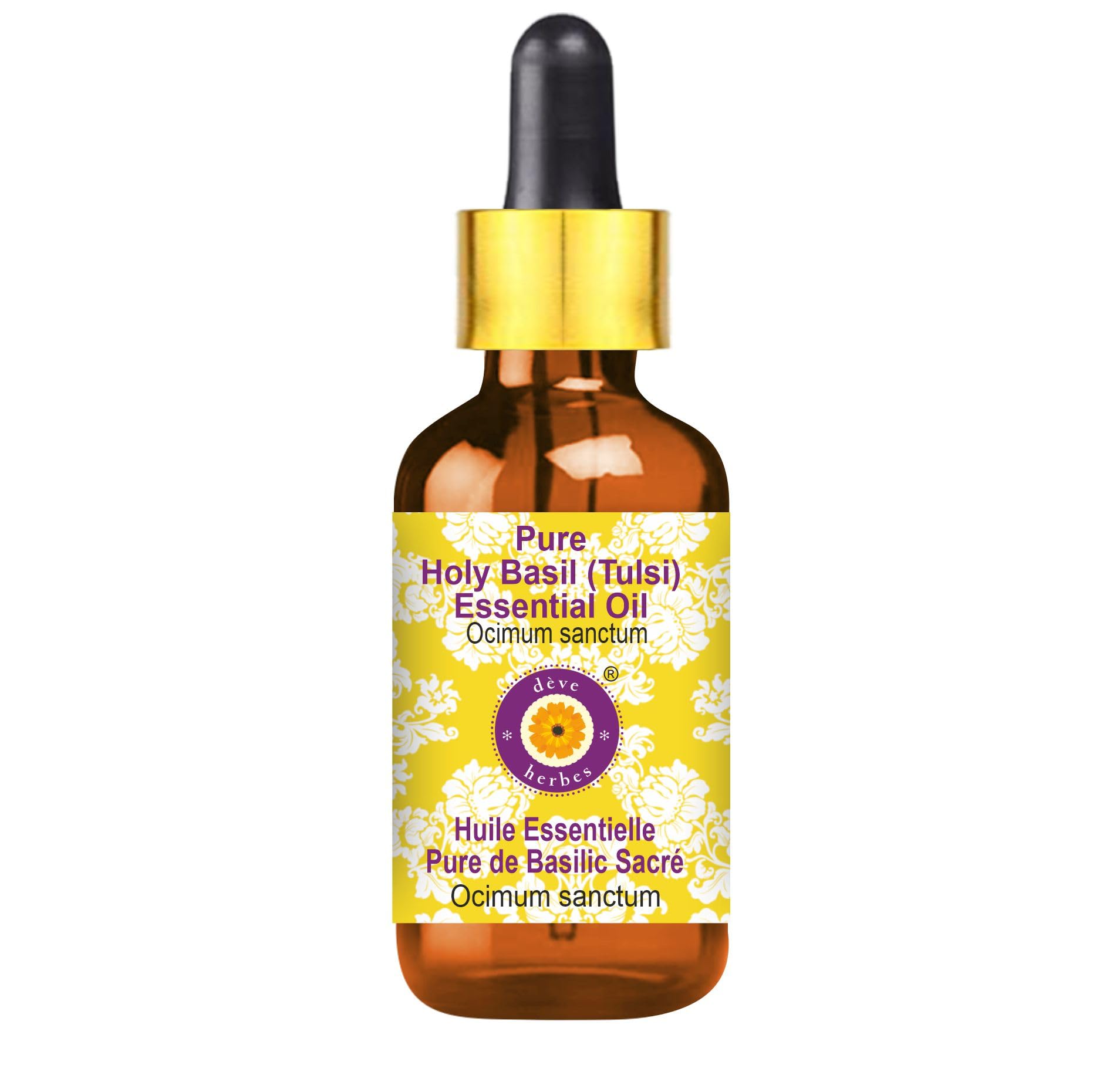 Deve Herbes Holy Basil (Tulsi) Essential Oil (Ocimum sanctum) with Glass Dropper Pure | Non-Sticky | Non-greasy | Lightweight | Men & Women | All Skin Types | Steam Distilled 10ml