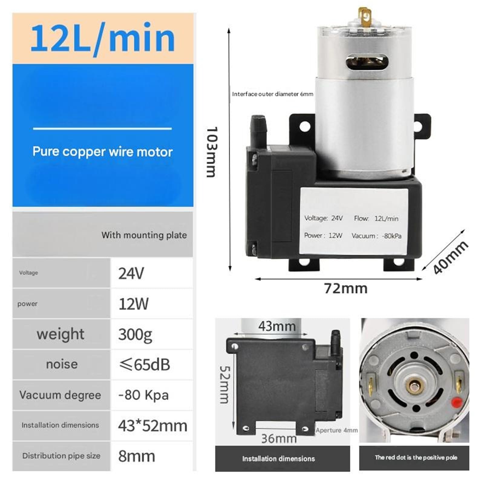 24 V mit Montageplatte, 12 l/min, Miniatur-Gleichstrom-Vakuumpumpe, industrielle Unterdruckpumpe, Membran-Saugpumpe Automatisch