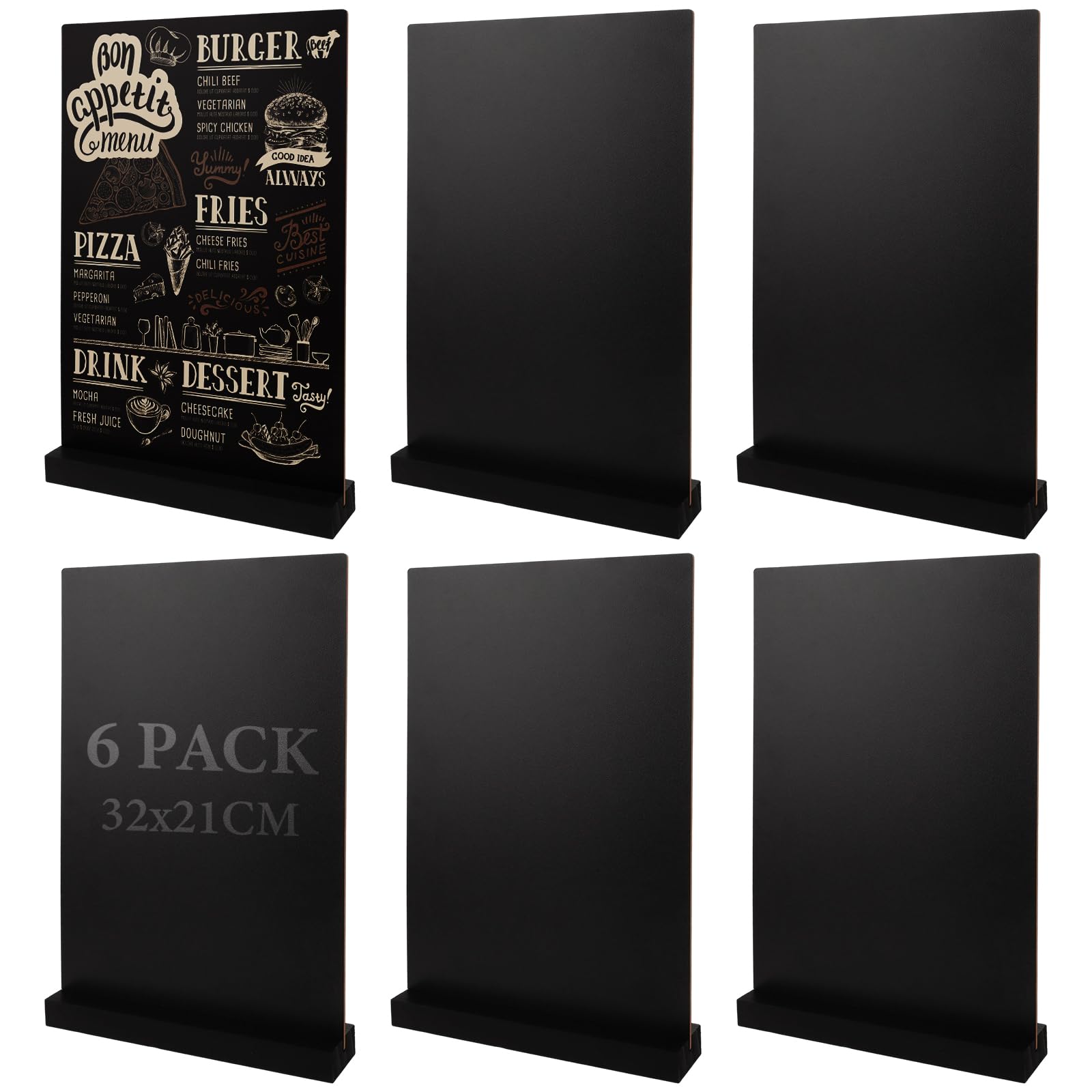 CYEER Lot de 6 ardoises A4 sur pied avec socle en bois, 32 x 21 cm, ardoise de table double face, ardoise noire amovible à écrire pour la restauration, les mariages, les buffets et les étiquettes de